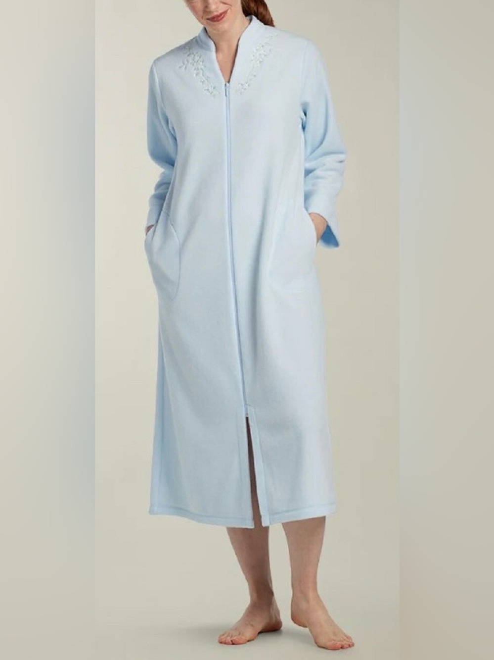 Miss Elaine Blue Fleece Zip Front Long Robe Housecoat Size Large
